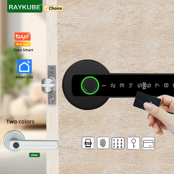 RAYKUBE Tuya BLE Fingerprint Door Lock | Digital Electronic Lock with Password, Key, IC Card, Smartlife & Tuya APP Unlock