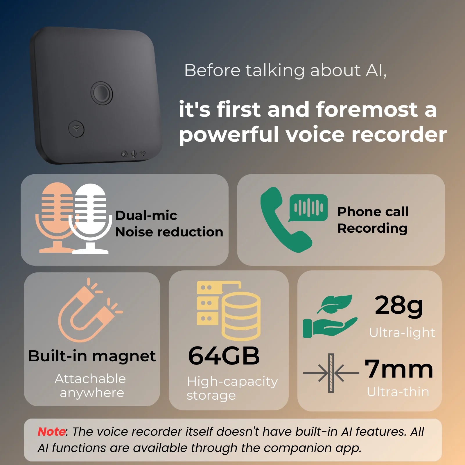 AI Voice & Call Recorder – 64GB, Speech-to-Text & Multi-Language Support
