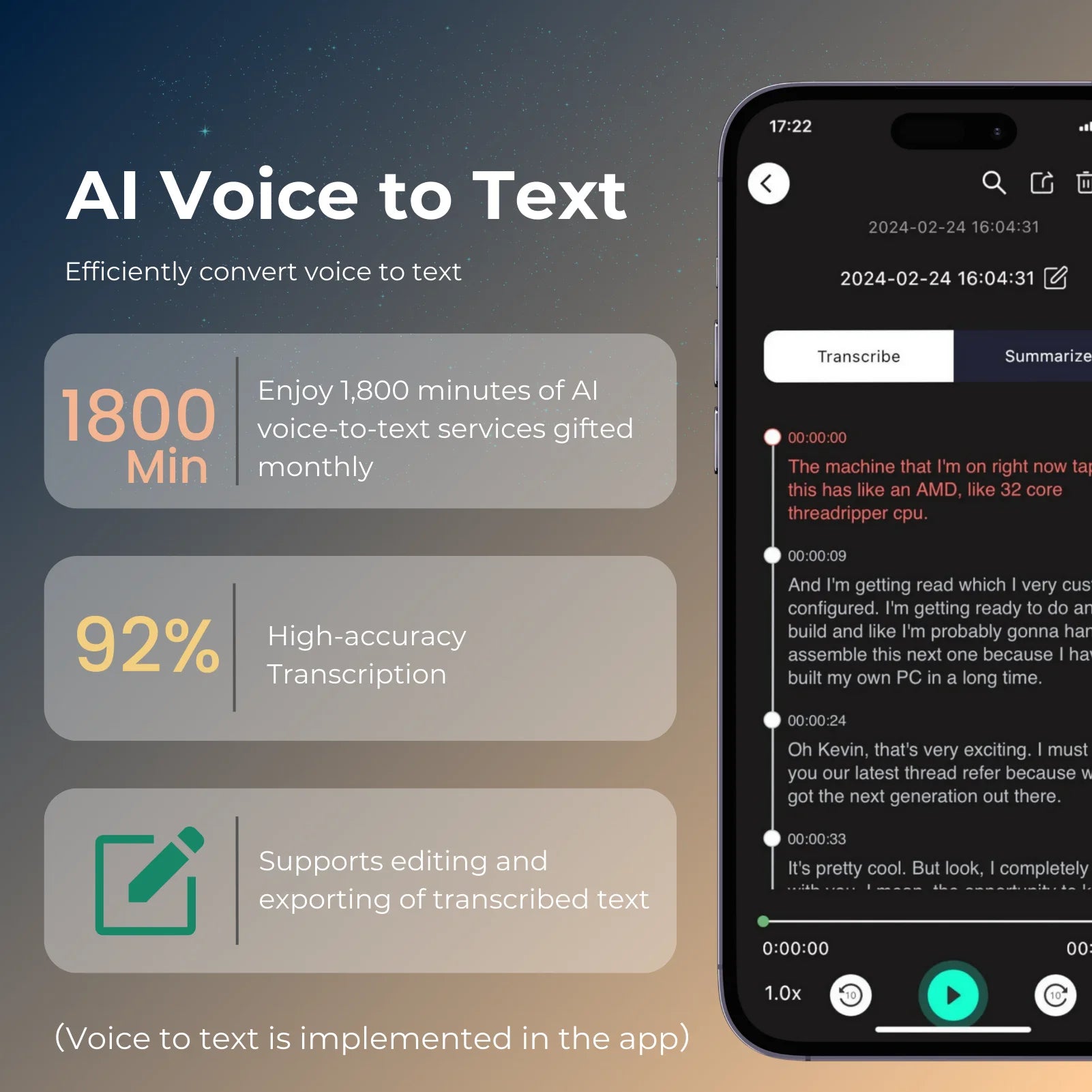 AI Voice & Call Recorder – 64GB, Speech-to-Text & Multi-Language Support