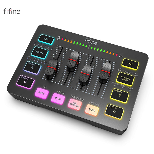 FIFINE AmpliGame SC3 Gaming Audio Mixer – 4-Channel RGB Interface with XLR