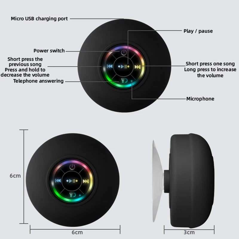 Mini Waterproof Bluetooth Shower Speaker with RGB Light