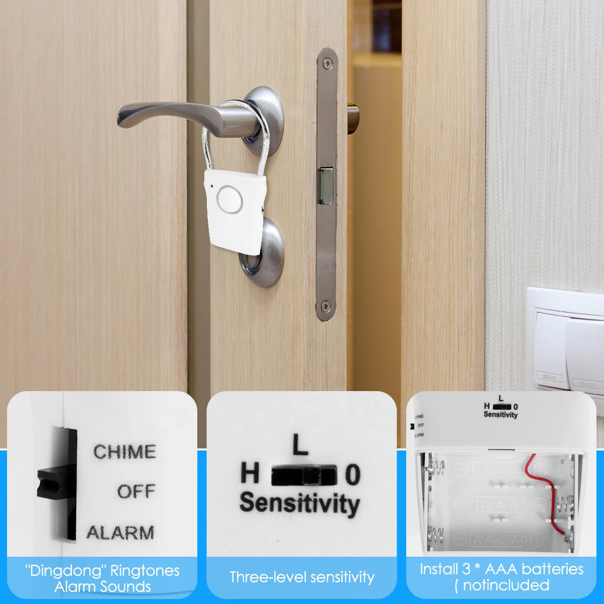 110dB Door Handle Alarm | Adjustable Settings Portable Battery-Operated Security Alarm for Home