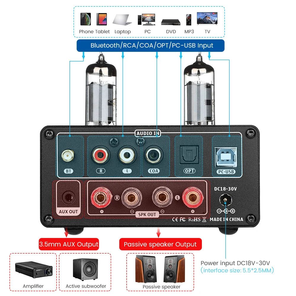 AIYIMA T9 HiFi Tube Bluetooth Amplifier with DAC