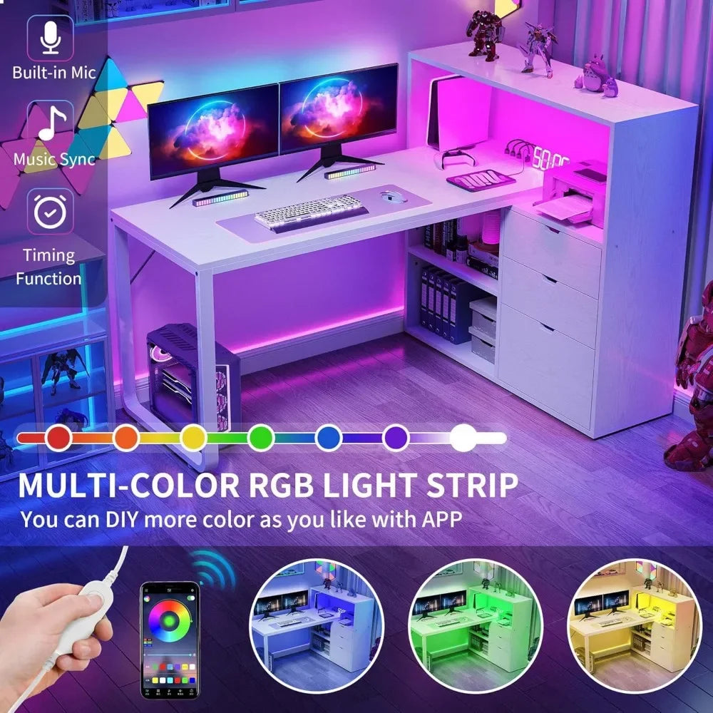 L-Shaped Corner Desk with Drawers | 55" Computer Desk with Bookshelf, Power Outlet & LED Lights