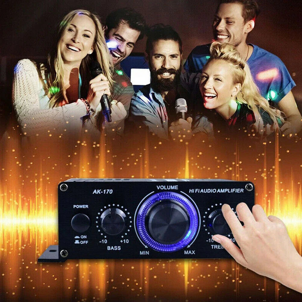 AK170 Mini Digital Audio Amplifier – 200W×2 Stereo Amp with Blue Light for Car, Home & Parties