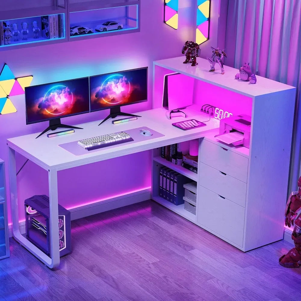L-Shaped Corner Desk with Drawers | 55" Computer Desk with Bookshelf, Power Outlet & LED Lights