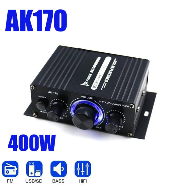 AK170 Mini Digital Audio Amplifier – 200W×2 Stereo Amp with Blue Light for Car, Home & Parties