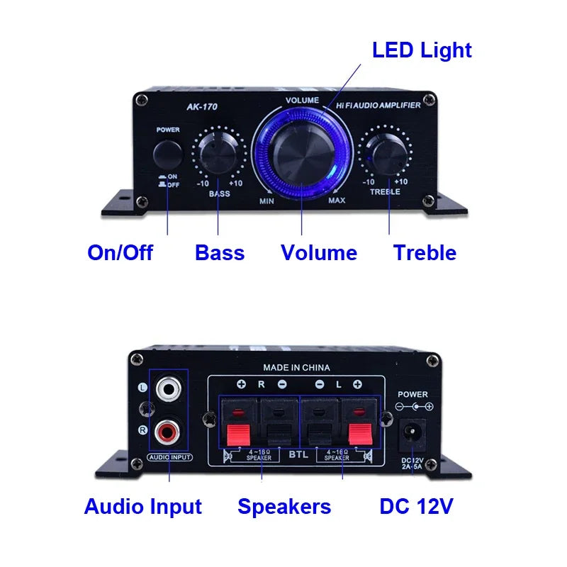 AK170 Mini Digital Audio Amplifier – 200W×2 Stereo Amp with Blue Light for Car, Home & Parties