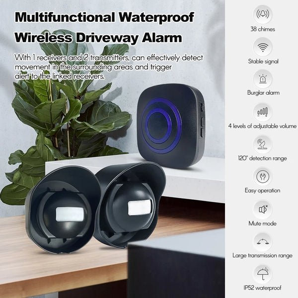 Multifunctional Wireless Driveway Alarm | Waterproof Outdoor Motion Sensor with 1 Receiver & 2 Transmitters for Indoor/Outdoor Use