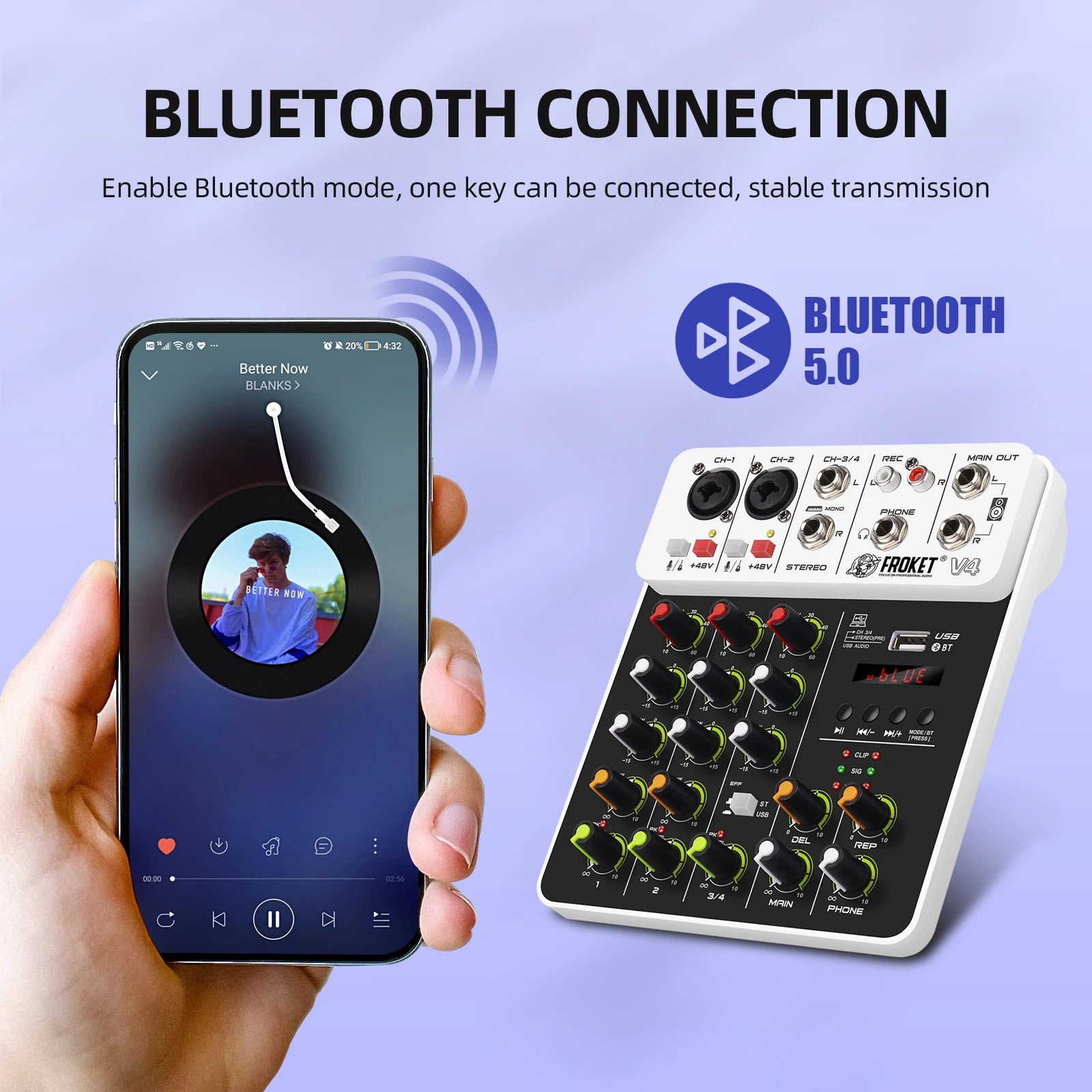 V4 Bluetooth Audio Interface Mixer with USB & Effects