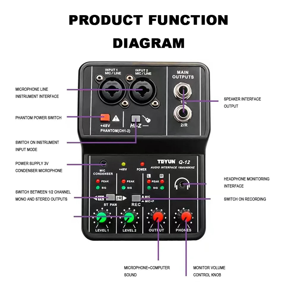 TEYUN Q12 2-Channel USB Audio Interface Mixer