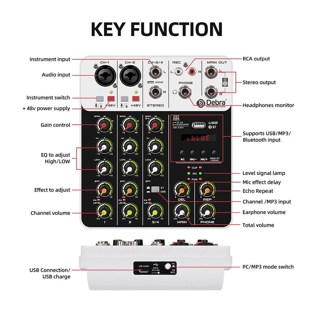V4 Bluetooth Audio Interface Mixer with USB & Effects