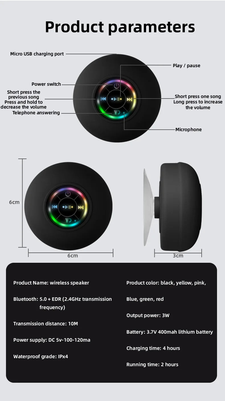 Mini Waterproof Bluetooth Shower Speaker with RGB Light