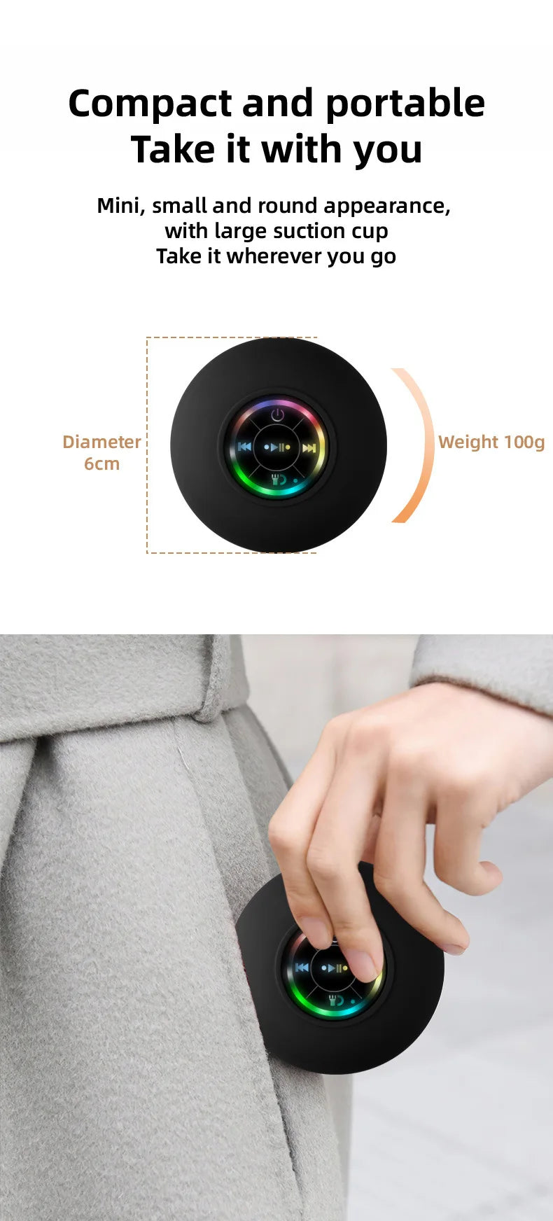 Mini Waterproof Bluetooth Shower Speaker with RGB Light