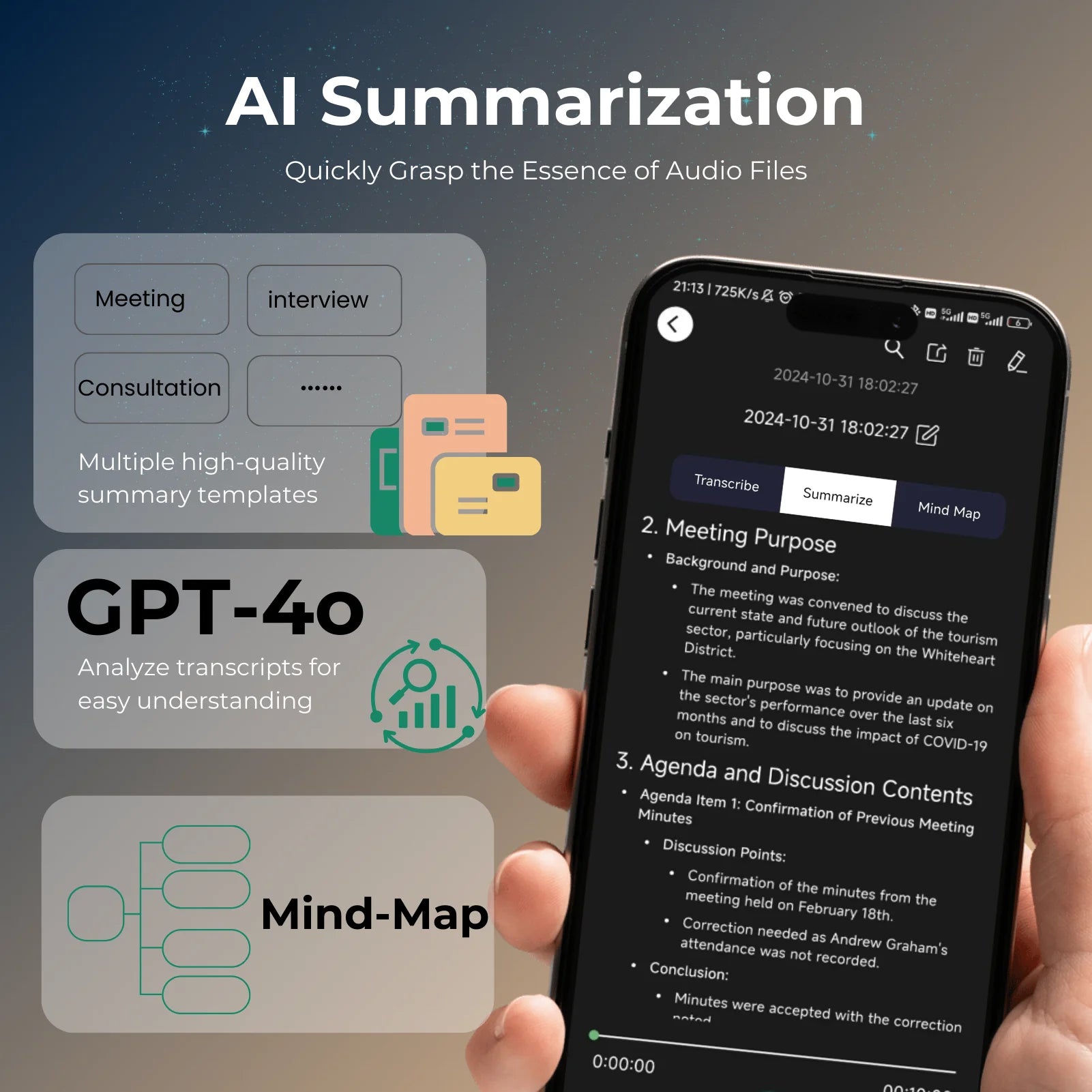 AI Voice & Call Recorder – 64GB, Speech-to-Text & Multi-Language Support
