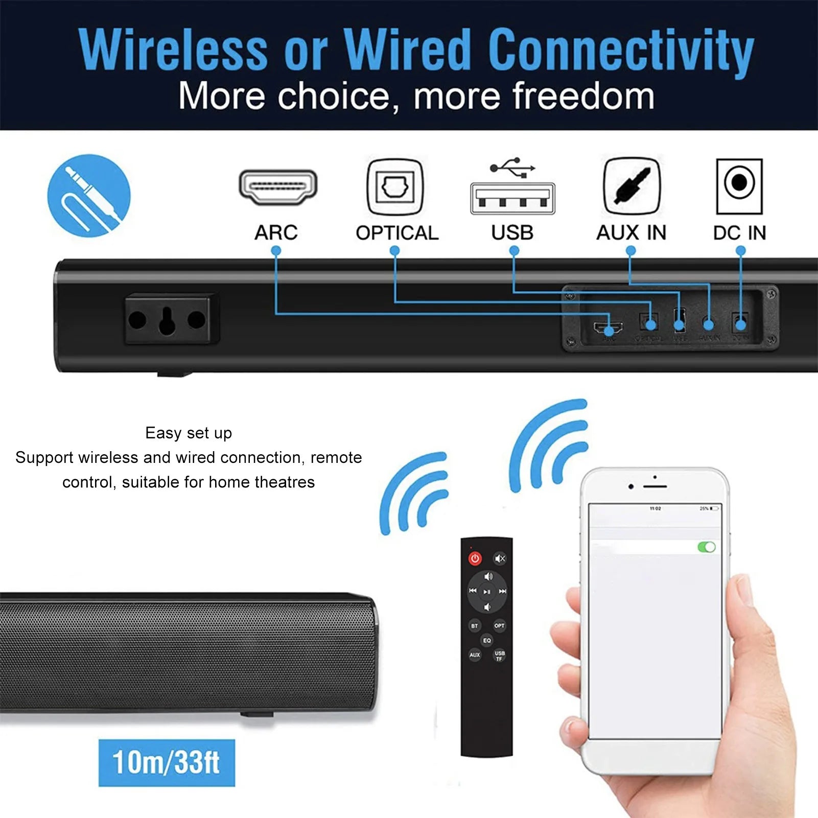 2-in-1 Bluetooth Soundbar with Remote – Wall-Mountable TV Speaker, HD Cable Included