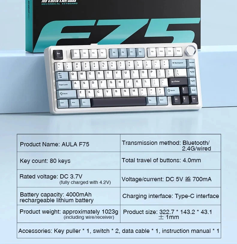 AULA F75 Gaming Mechanical Keyboard – 75% Layout, Tri-Mode, RGB