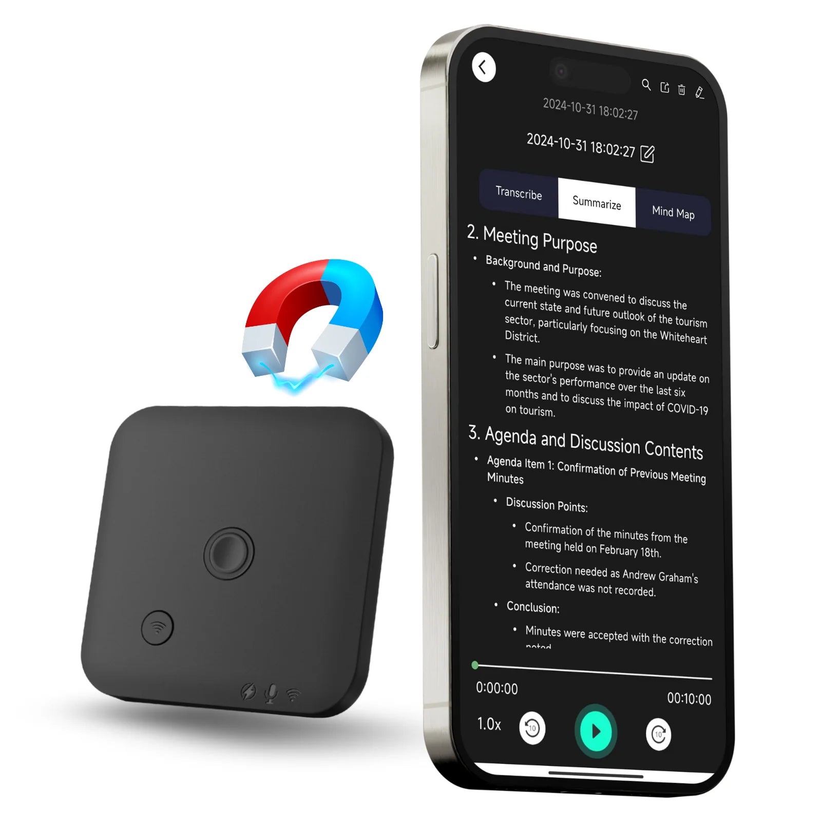 AI Voice & Call Recorder – 64GB, Speech-to-Text & Multi-Language Support