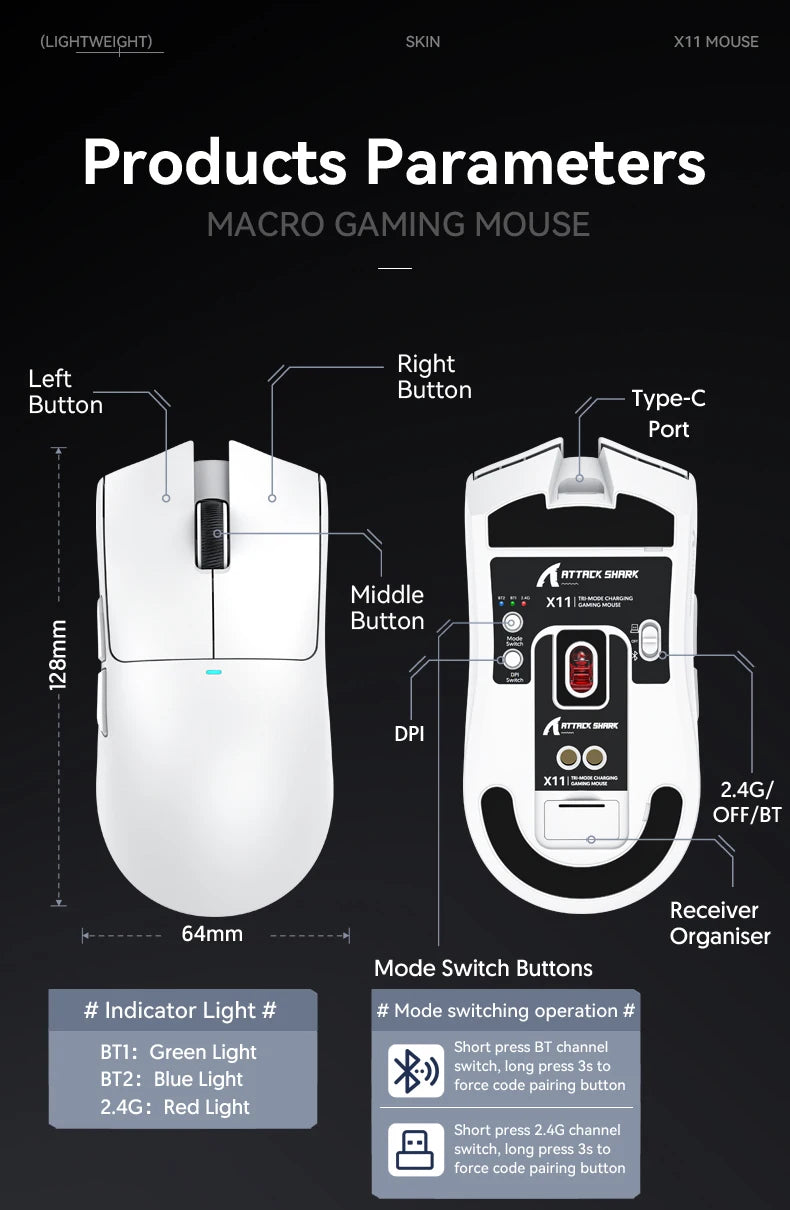 Attack Shark X11 Wireless Gaming Mouse – 22K DPI, Tri-Mode, RGB