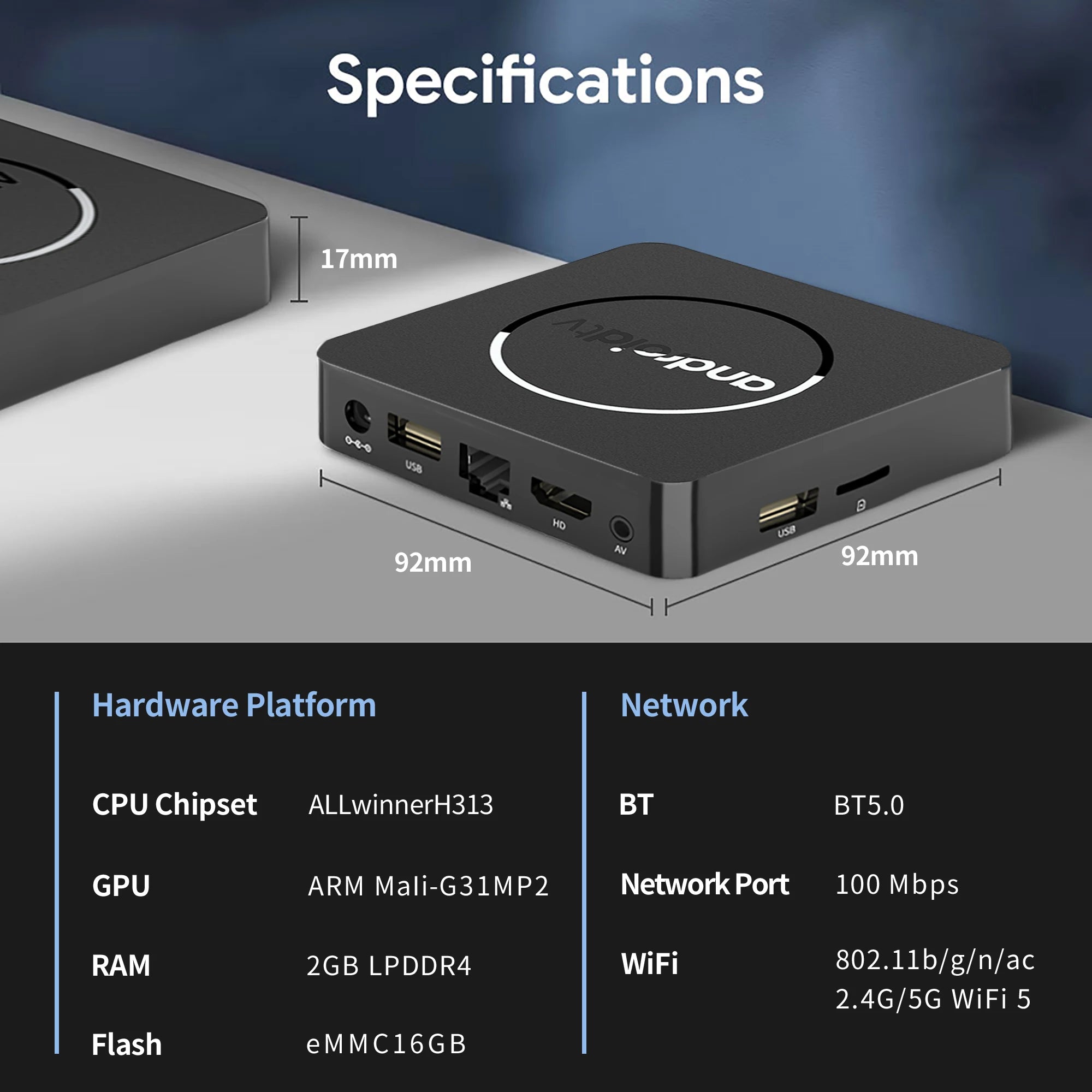 Android 13 4K HDR10+ Smart TV Box | 2GB RAM 16GB Storage | Dual WiFi, BT 5.0, Allwinner H313