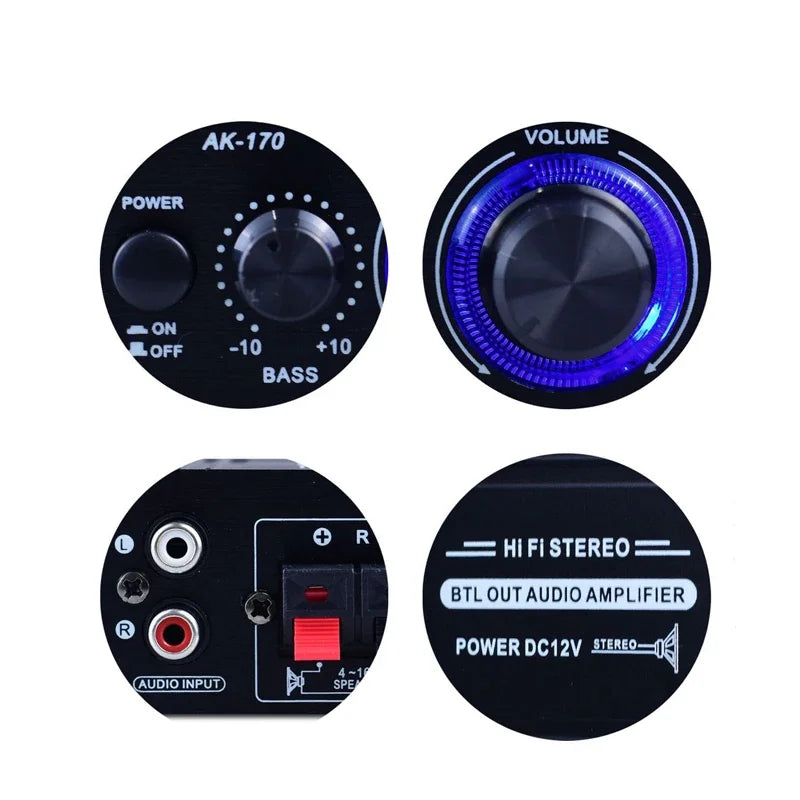 AK170 Mini Digital Audio Amplifier – 200W×2 Stereo Amp with Blue Light for Car, Home & Parties