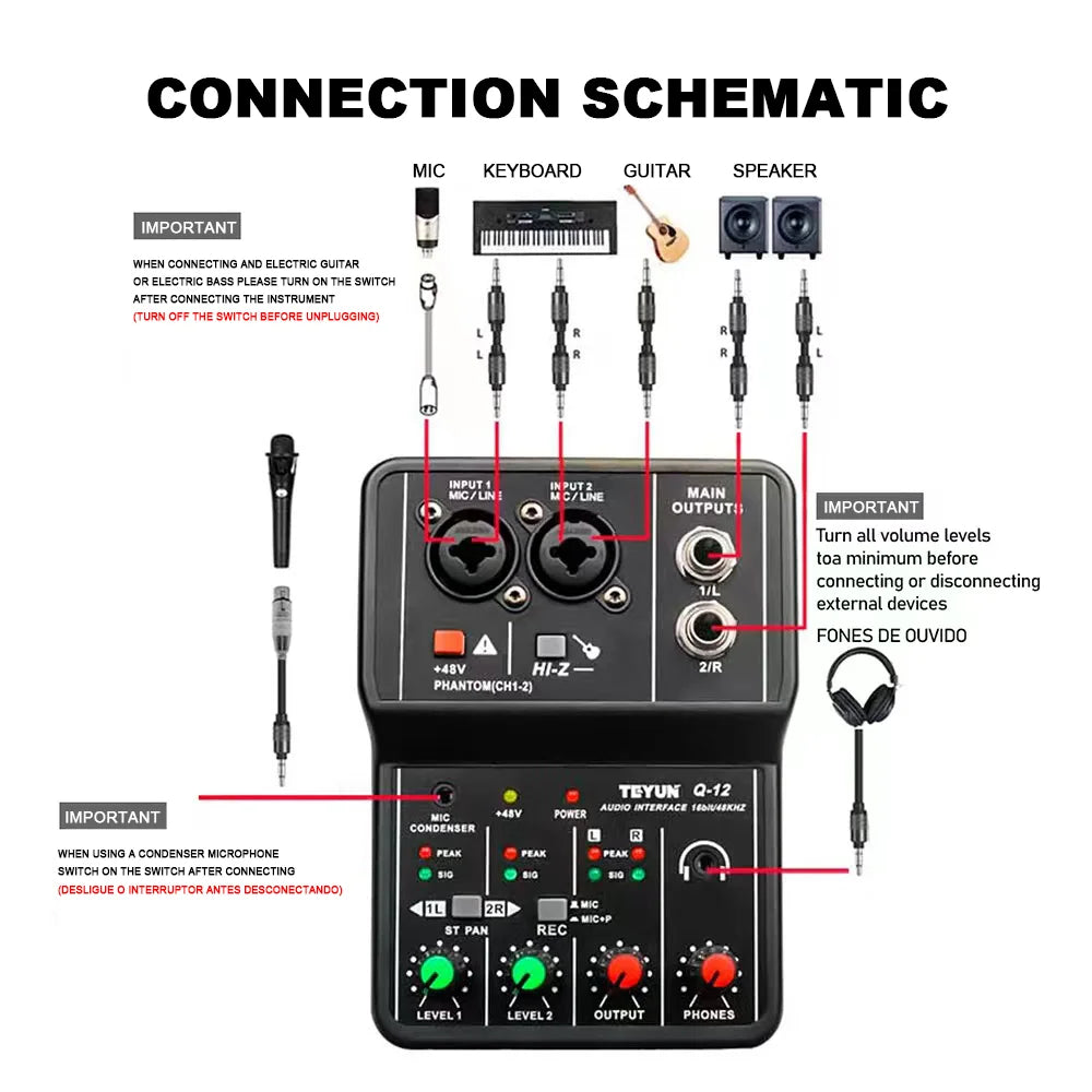 TEYUN Q12 2-Channel USB Audio Interface Mixer