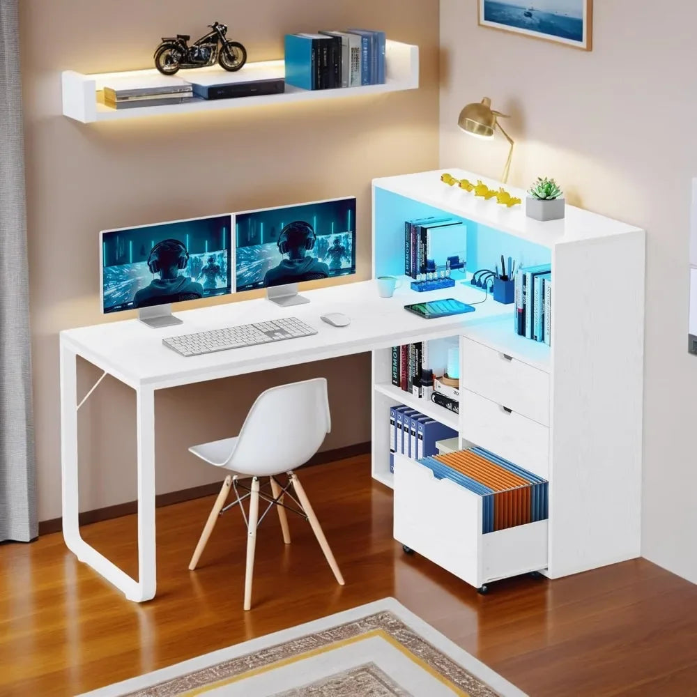 L-Shaped Corner Desk with Drawers | 55" Computer Desk with Bookshelf, Power Outlet & LED Lights