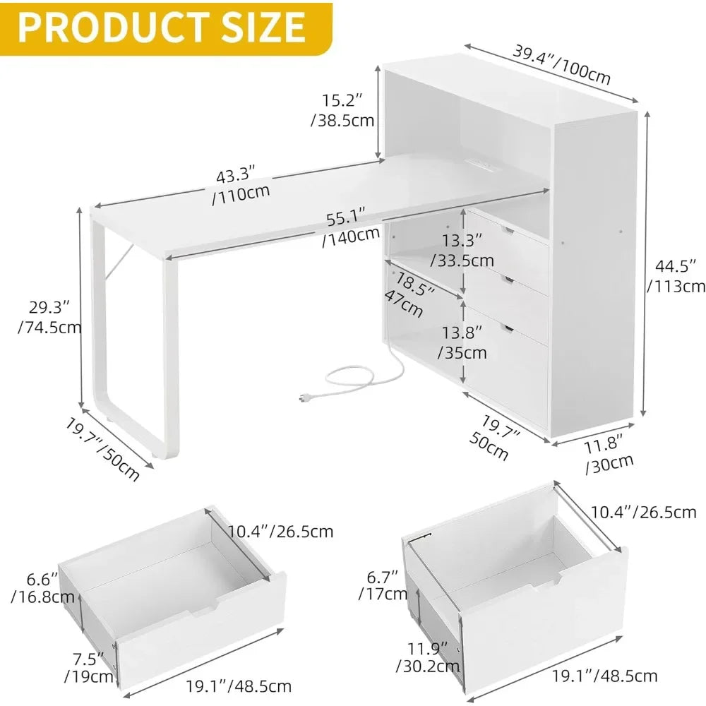 L-Shaped Corner Desk with Drawers | 55" Computer Desk with Bookshelf, Power Outlet & LED Lights
